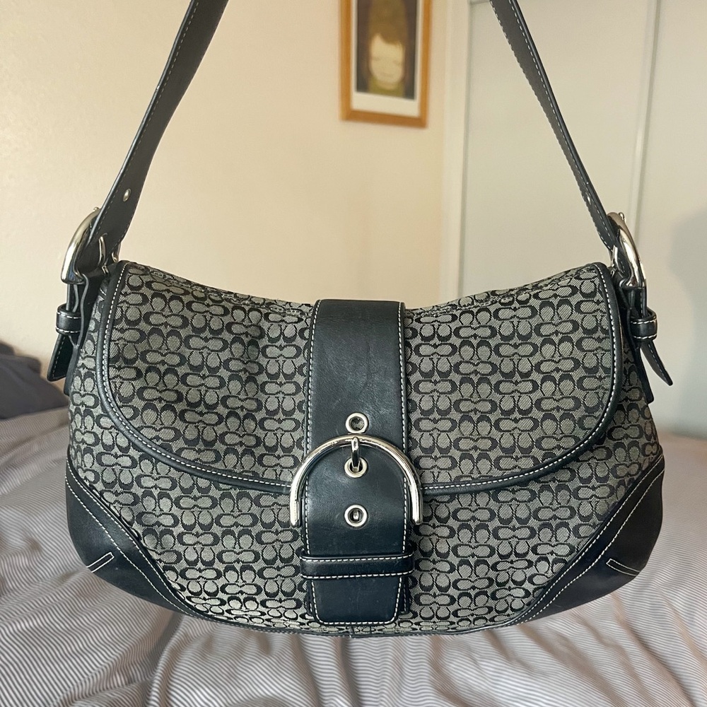 Coach Soho Shoulder Bag Black & Grey Signature Jacquard & Leather y2k
